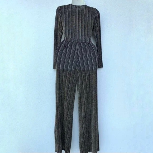Shop 17 Metallic Striped Palazzo Jumpsuit Stretch Sexy Womens Size Small - Picture 5 of 7